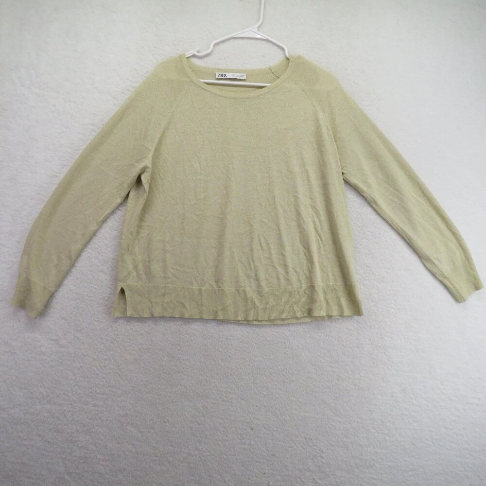 Zara Sweater Womens Large Gold‎ Metallic Knit Pullover Lightweight Long Sleeve